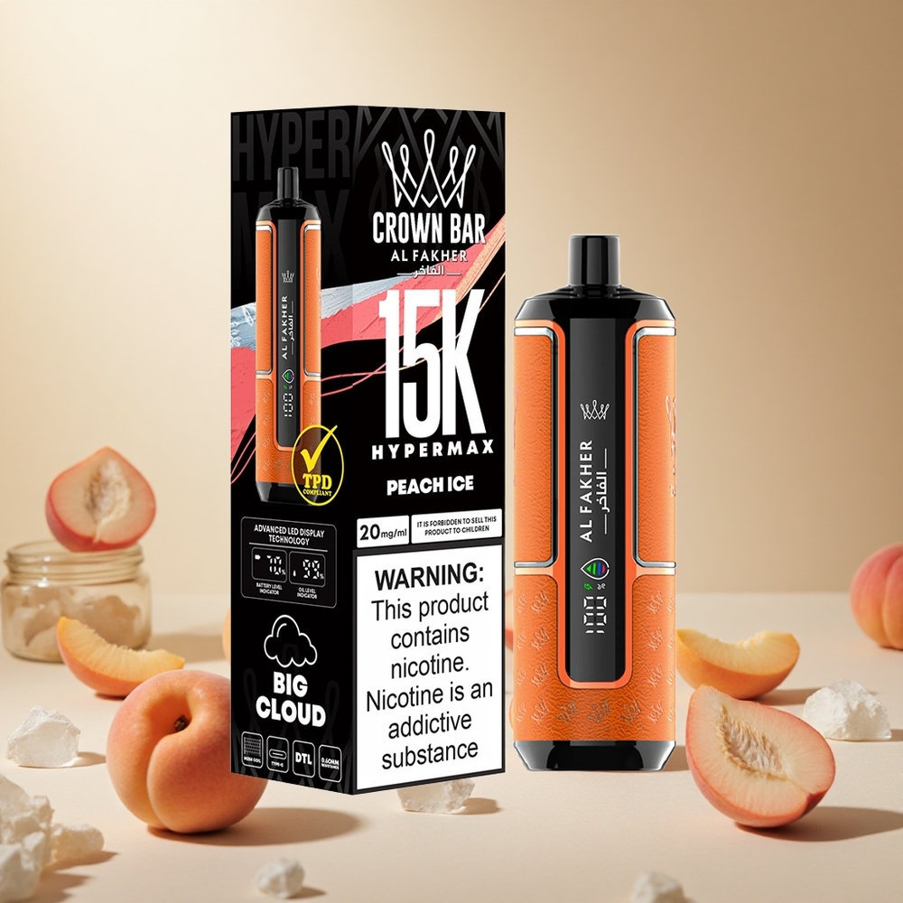 Peach Ice Al Fakher Crown Bar 15K Hypermax Disposable Vape Kit wholesale vapes Ireland 22ml DTL