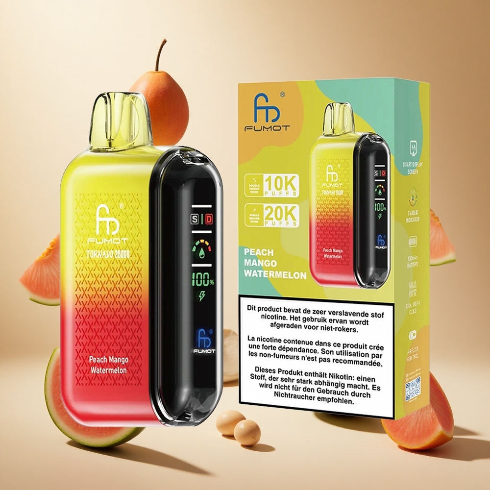 Peach Mango Watermelon Fumot Tornado 20000 Puffs wholesale vapes Ireland Dual Mesh Coil
