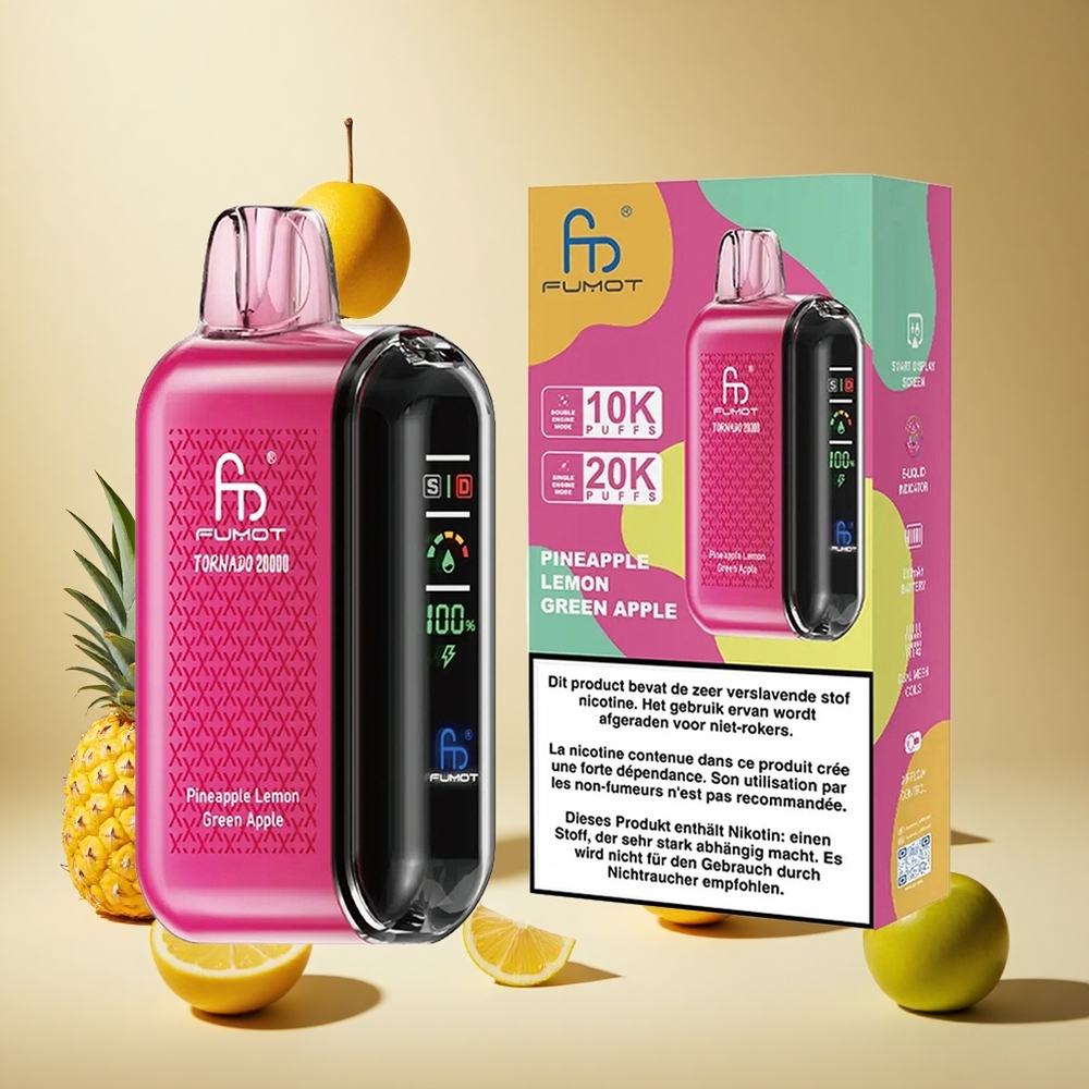 Pineapple Lemon Green Apple Fumot Tornado 20000 Puffs wholesale vapes Ireland Dual Mesh Coil