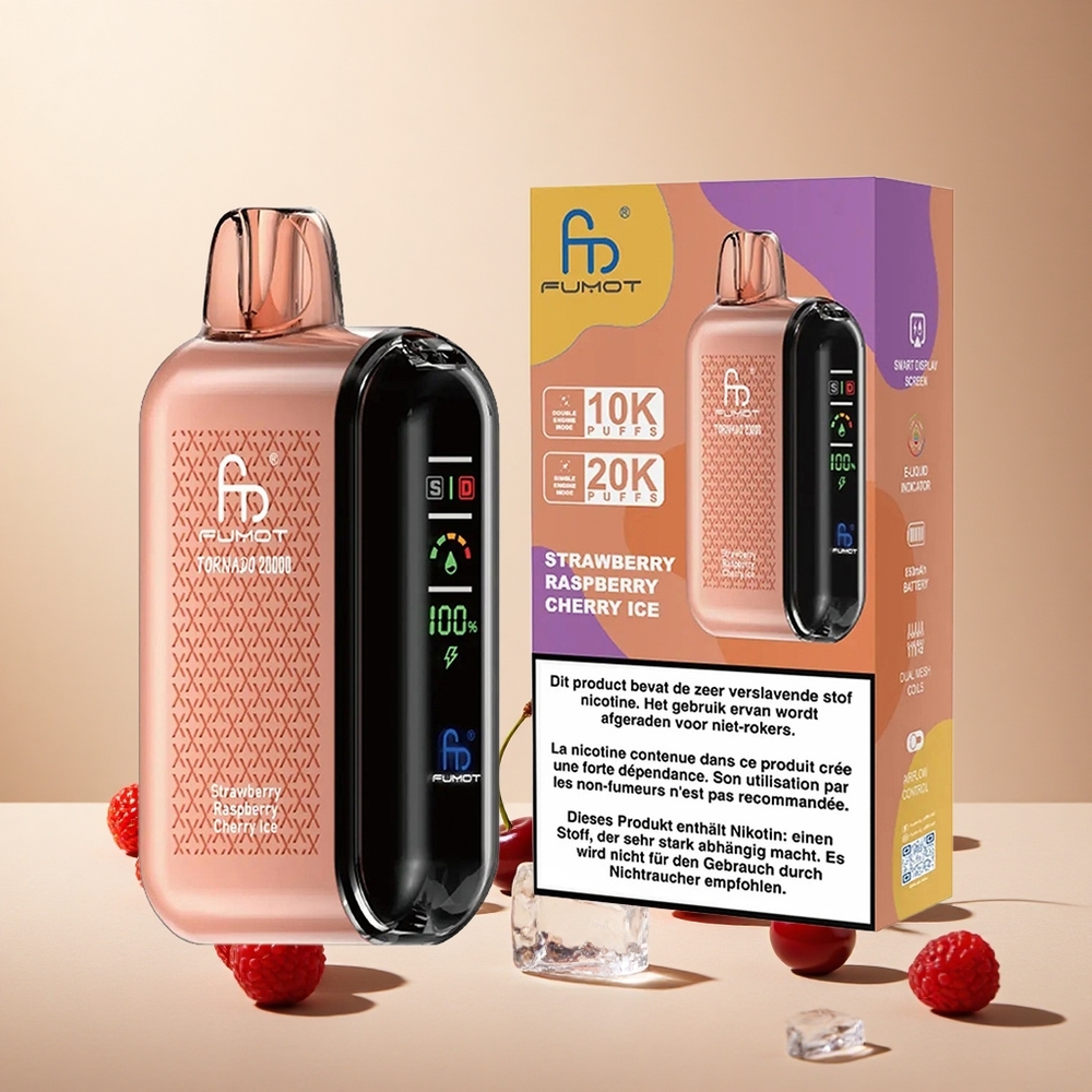 Strawberry Raspberry Cherry Ice Fumot Tornado 20000 Puffs Dual Mesh Coil wholesale vapes Ireland