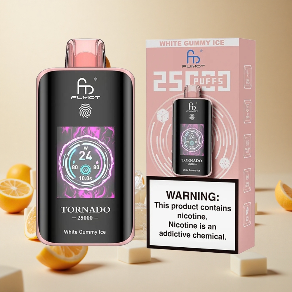White Gummy Ice Fumot Tornado 25000 Puffs wholesale vapes Ireland HD Screen Rechargeable